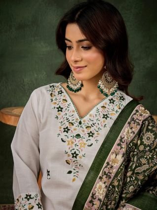 Women s Embroidered Cotton Kurta Pant Set with Dupatta