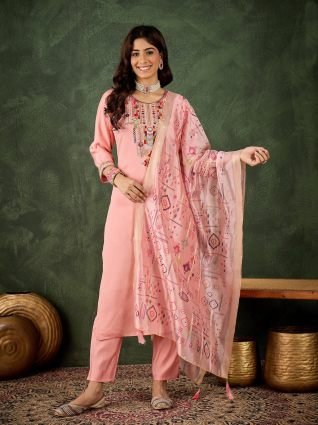 Women s Embroidered Pink Silk Blend Straight Suit Set with Dupatta