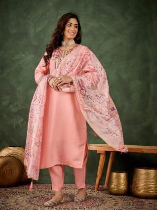 Women s Embroidered Pink Silk Blend Straight Suit Set with Dupatta
