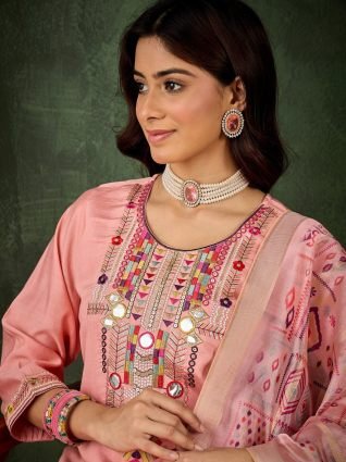 Women s Embroidered Pink Silk Blend Straight Suit Set with Dupatta
