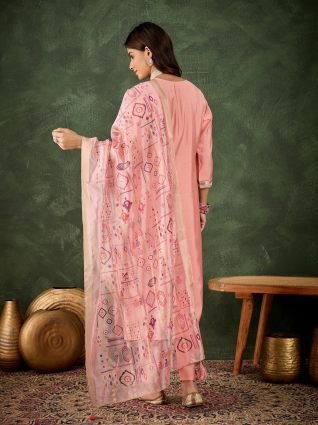 Women s Embroidered Pink Silk Blend Straight Suit Set with Dupatta