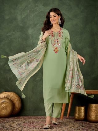 Women s Embroidered Sea Green Silk Blend Straight Suit Set with Dupatta