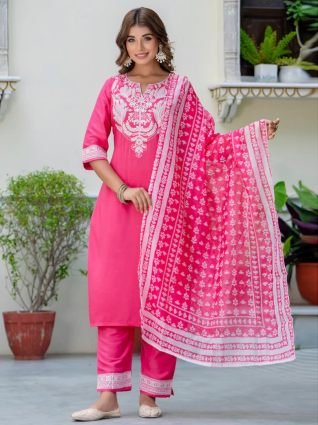 Women s Embroidered Silk Blend Calf Length Straight Kurta Trouser with Dupatta Set