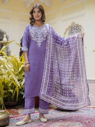 Women s Embroidered Silk Blend Calf Length Straight Kurta Trouser with Dupatta Set