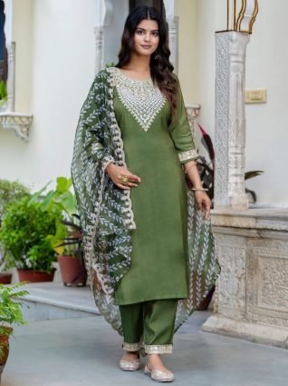 Women s Embroidered Silk Blend Calf Length Straight Kurta Trouser with Dupatta Set