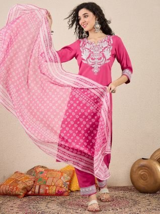 Women s Embroidered Silk Blend Calf Length Straight Kurta Trouser with Dupatta Set