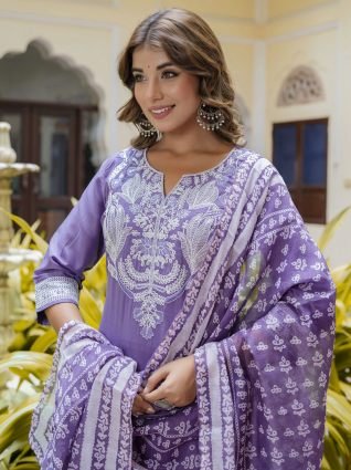 Women s Embroidered Silk Blend Calf Length Straight Kurta Trouser with Dupatta Set