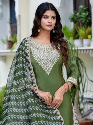 Women s Embroidered Silk Blend Calf Length Straight Kurta Trouser with Dupatta Set