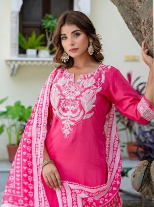 Women s Embroidered Silk Blend Calf Length Straight Kurta Trouser with Dupatta Set