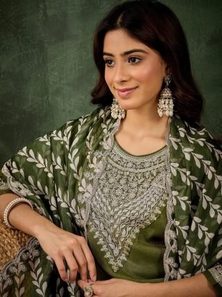 Women s Embroidered Silk Blend Calf Length Straight Kurta Trouser with Dupatta Set