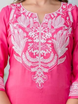 Women s Embroidered Silk Blend Calf Length Straight Kurta Trouser with Dupatta Set