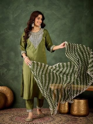 Women s Embroidered Silk Blend Calf Length Straight Kurta Trouser with Dupatta Set