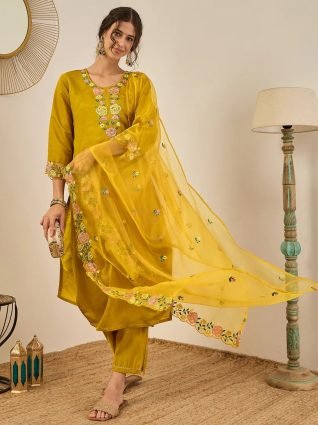Women s Embroidered Viscose Roman Silk Kurta Pant Set with Organza Dupatta Elegant Lightweight Ethnic Wear