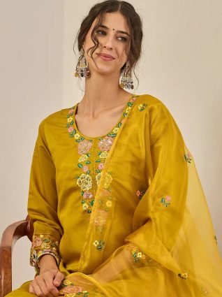Women s Embroidered Viscose Roman Silk Kurta Pant Set with Organza Dupatta Elegant Lightweight Ethnic Wear