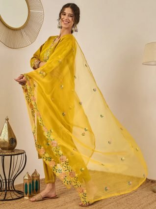 Women s Embroidered Viscose Roman Silk Kurta Pant Set with Organza Dupatta Elegant Lightweight Ethnic Wear