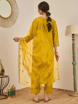 Women s Embroidered Viscose Roman Silk Kurta Pant Set with Organza Dupatta Elegant Lightweight Ethnic Wear