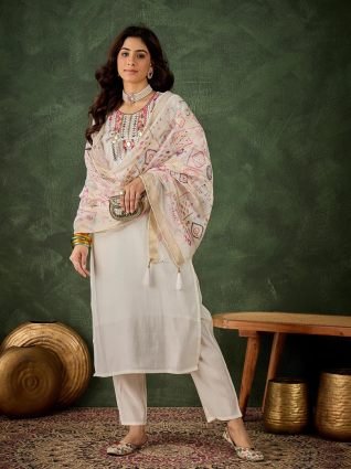 Women s Embroidered White Silk Blend Straight Suit Set with Dupatta