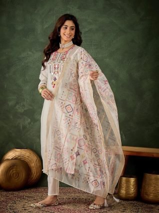 Women s Embroidered White Silk Blend Straight Suit Set with Dupatta
