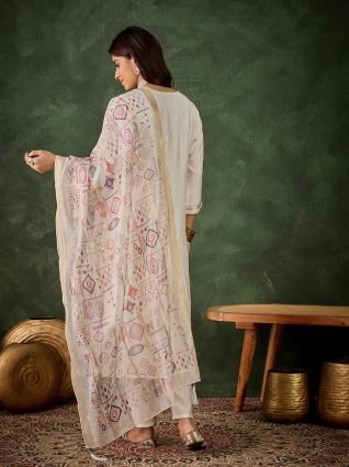 Women s Embroidered White Silk Blend Straight Suit Set with Dupatta