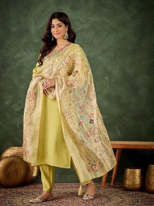 Women s Embroidered Yellow Silk Blend Straight Suit Set with Dupatta