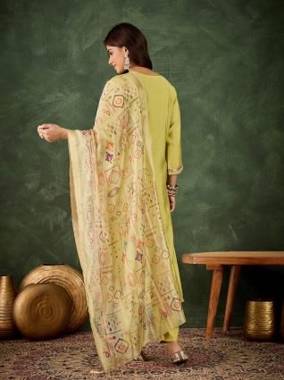 Women s Embroidered Yellow Silk Blend Straight Suit Set with Dupatta