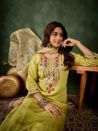 Women s Embroidered Yellow Silk Blend Straight Suit Set with Dupatta