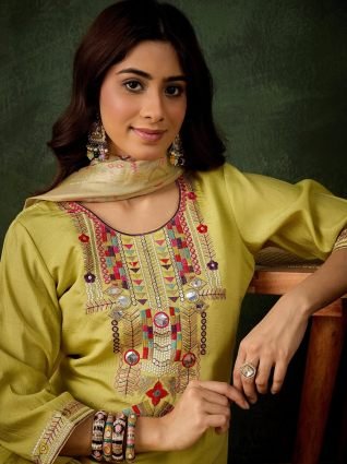 Women s Embroidered Yellow Silk Blend Straight Suit Set with Dupatta