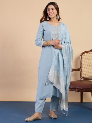 Women s Grey Festive Embroidered Yoke Straight Kurta Set