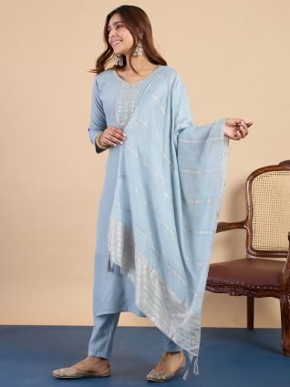 Women s Grey Festive Embroidered Yoke Straight Kurta Set