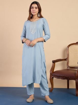 Women s Grey Festive Embroidered Yoke Straight Kurta Set