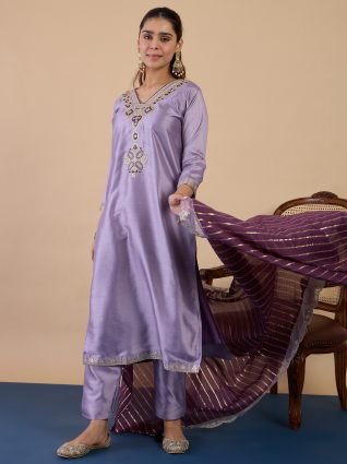 Women s Lavender Festive Embroidered Yoke Straight Kurta Pant Set