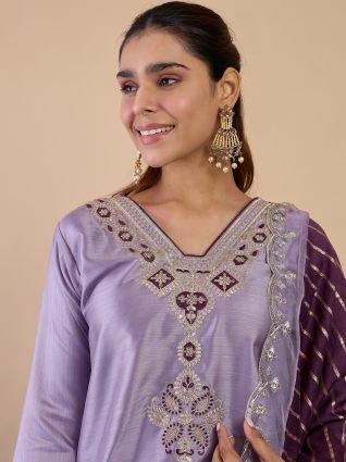 Women s Lavender Festive Embroidered Yoke Straight Kurta Pant Set