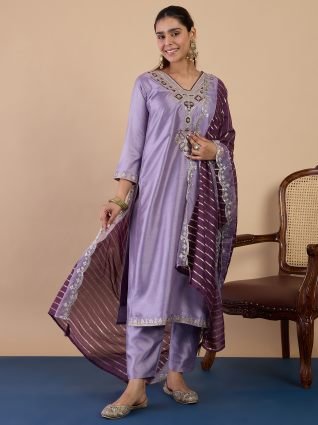 Women s Lavender Festive Embroidered Yoke Straight Kurta Pant Set