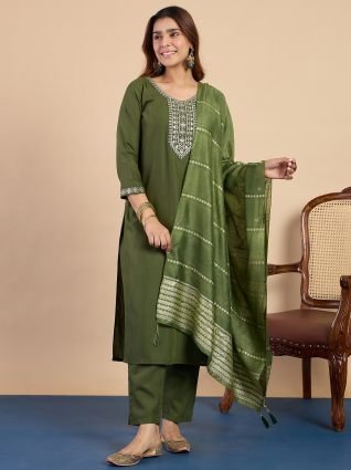 Women s Mehendi Green Festive Embroidered Yoke Straight Kurta Set