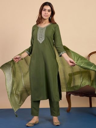 Women s Mehendi Green Festive Embroidered Yoke Straight Kurta Set