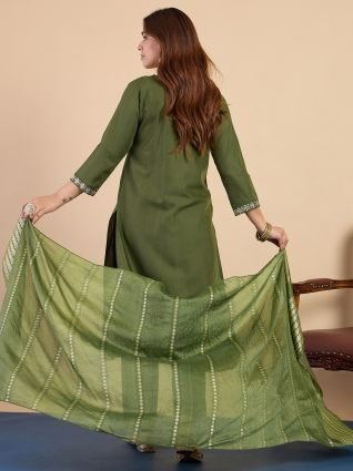 Women s Mehendi Green Festive Embroidered Yoke Straight Kurta Set