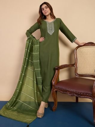 Women s Mehendi Green Festive Embroidered Yoke Straight Kurta Set