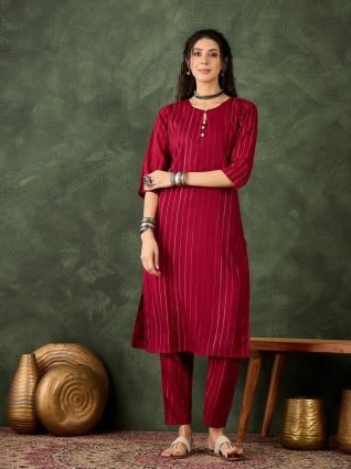Women s Office  Festive Wear Maroon Straight Kurta   Pant  Co ord Set