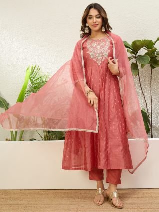 Women s Peach Silk Blend Embroidered Yoke Flared Kurta Set
