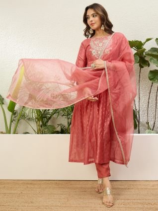 Women s Peach Silk Blend Embroidered Yoke Flared Kurta Set