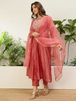 Women s Peach Silk Blend Embroidered Yoke Flared Kurta Set