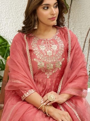 Women s Peach Silk Blend Embroidered Yoke Flared Kurta Set