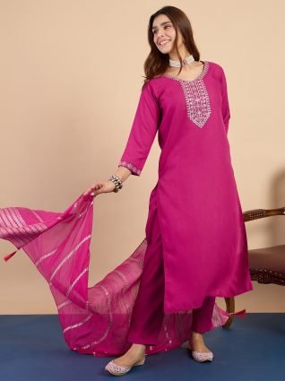 Women s Pink Embroidered Yoke Design Straight Kurta Set with Dupatta