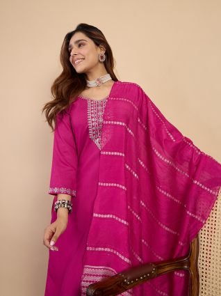 Women s Pink Embroidered Yoke Design Straight Kurta Set with Dupatta