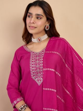 Women s Pink Embroidered Yoke Design Straight Kurta Set with Dupatta