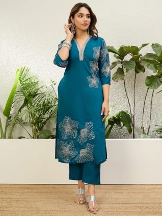Women s Royal Teal Festive Embroidered Straight Kurta Set