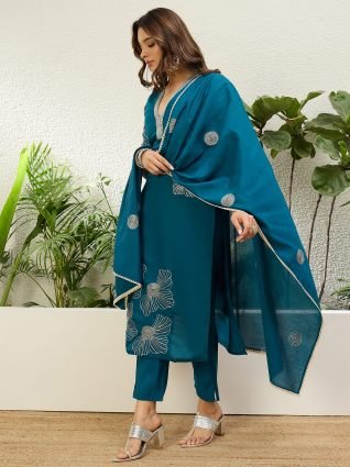 Women s Royal Teal Festive Embroidered Straight Kurta Set