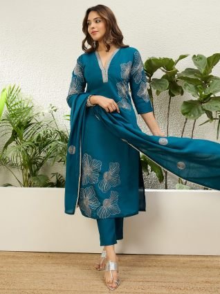 Women s Royal Teal Festive Embroidered Straight Kurta Set