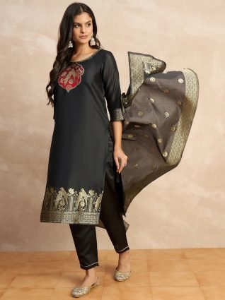 Women s Silk Blend Banarasi Jacquard Zari Woven Straight Kurta Pant with Dupatta Set