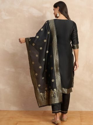 Women s Silk Blend Banarasi Jacquard Zari Woven Straight Kurta Pant with Dupatta Set